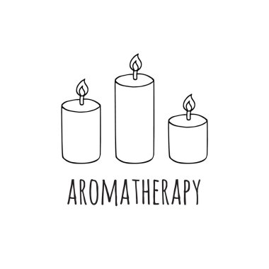 Elle çizilmiş vektör seti eskiz mumu ve aromaterapi harfleri siyah arka planda izole edilmiş.