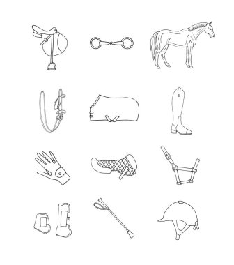 Vektör kümesi el çizimi karalama atı binicilik ekipmanı simgesi beyaz arkaplanda izole