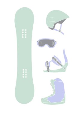 Farklı renk elle çizilmiş vektör demeti beyaz arkaplanda izole edilmiş snowboard ekipmanları
