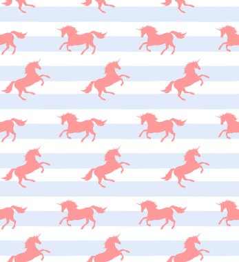 Mavi çizgili arka planda izole edilmiş pembe unicorn siluetinin vektörsüz deseni