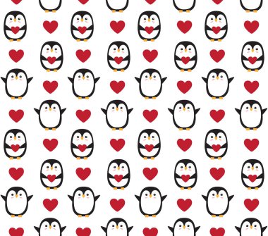 Çizgi filmdeki düz elin vektörsüz deseni beyaz arka planda kalbi izole karalama yapan penguen.