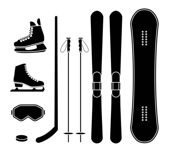 Vector Set Bundle Black Flat Winter Sport Equipment Isolated White — Stock Vector