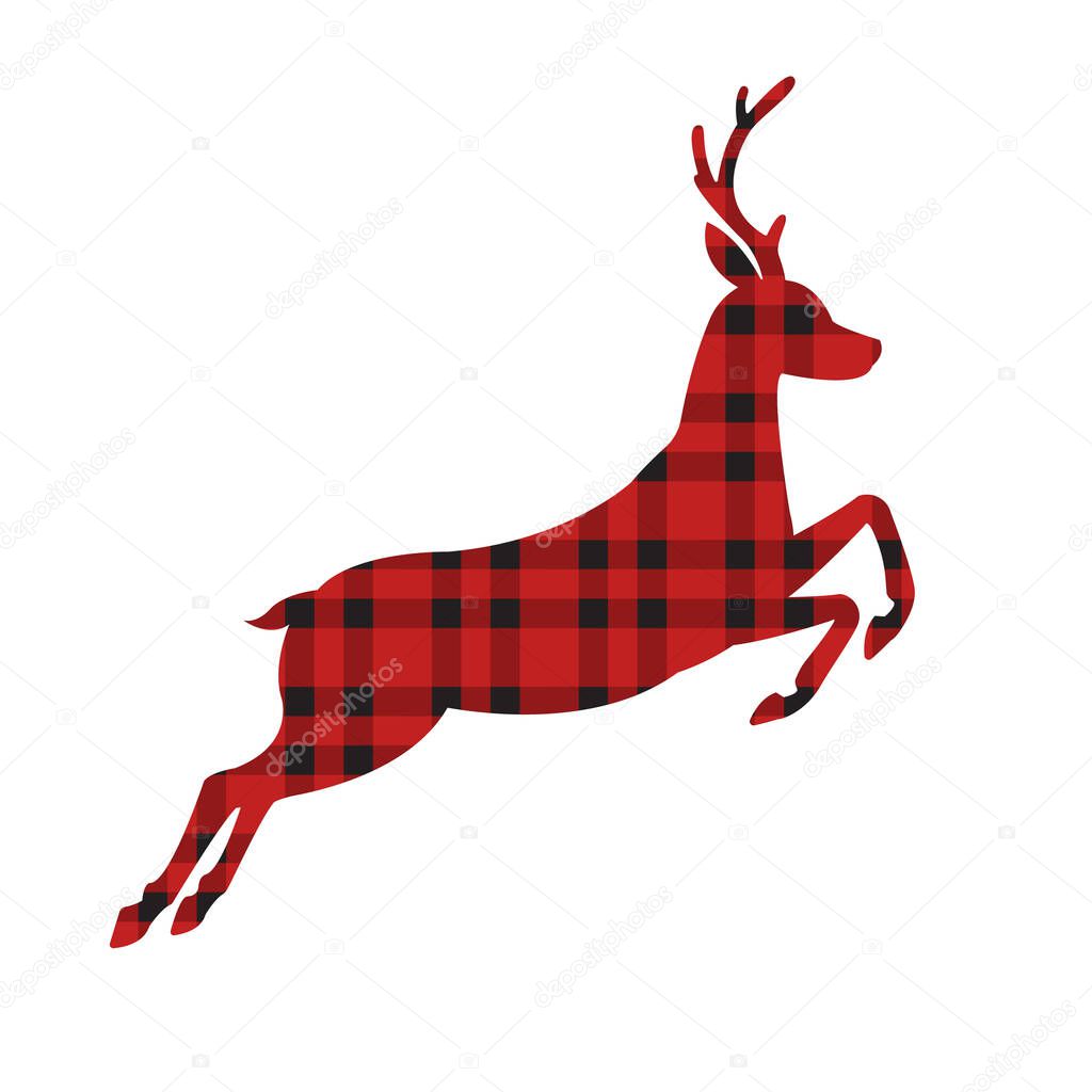 Vector deer silhouette with red Scottish tartan checkered plaid texture isolated on white background