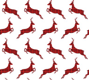 Beyaz arka planda izole edilmiş kırmızı İskoç ekoseli ekose desenli kusursuz geyik silueti deseni.