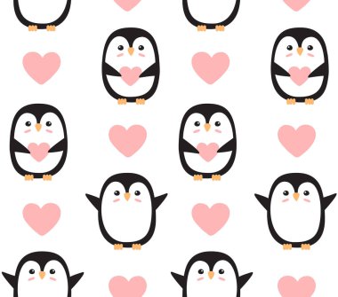 Renkli düz el çiziminin vektörsüz deseni karalama pengueninin kalbi beyaz arka planda izole.