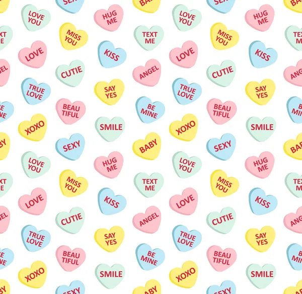 異なる色のフラット漫画のベクトルシームレスパターン白い背景に隔離された愛のテキストとバレンタイン甘いキャンディー — ストックベクタ