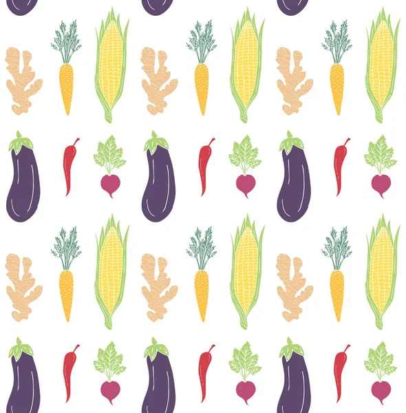 不同色系蔬菜在白色背景下的载体无缝模式 — 图库矢量图片