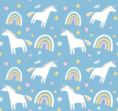 El çiziminin kusursuz deseni mavi arkaplanda izole edilmiş tek boynuzlu at ve gökkuşağı çizimi