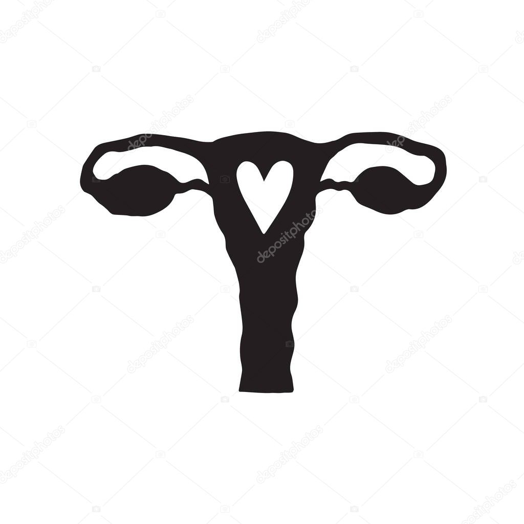 Vector hand drawn uterus silhouette with heart isolated on white background