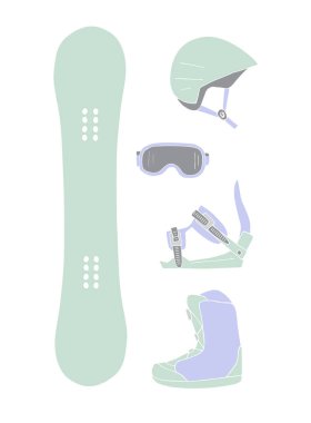 Beyaz arkaplanda izole edilmiş el yapımı snowboard ekipmanı silueti demeti