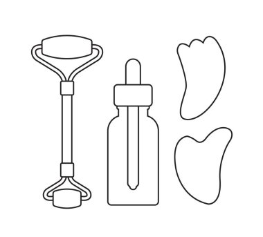 Beyaz arka planda izole edilmiş düz hatlı taş masaj rulosu ve yağ şişesi.