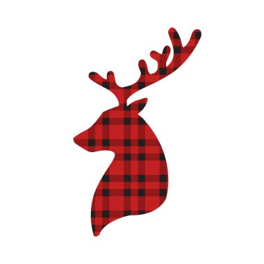 Beyaz arka planda izole edilmiş kırmızı İskoç ekoseli ekose desenli vektör geyik silueti