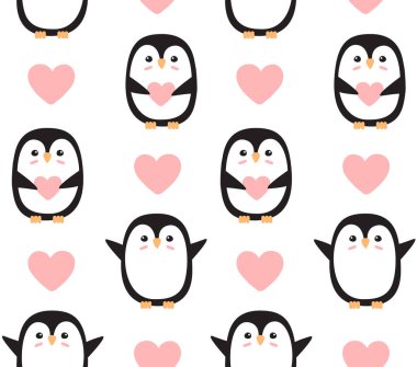 Düz çizgi film karalamalarının vektörsüz deseni mavi arkaplanda izole edilmiş penguenler çiziyor.