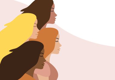 Renkli arka planda izole edilmiş farklı kadınların olduğu düz taşıyıcı pankart. Uluslararası Kadın Gündüz Eşitliği İllüstrasyonu