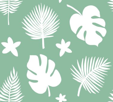 Yeşil elin vektörsüz deseni çizilmiş çizim palmiyesi ve arka planda izole canavar yaprakları