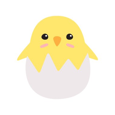 Vektör düz çizgi film karikatür hatunu yumurta kabuğunda ve arka planda izole edilmiş mutlu paskalya harfleri.