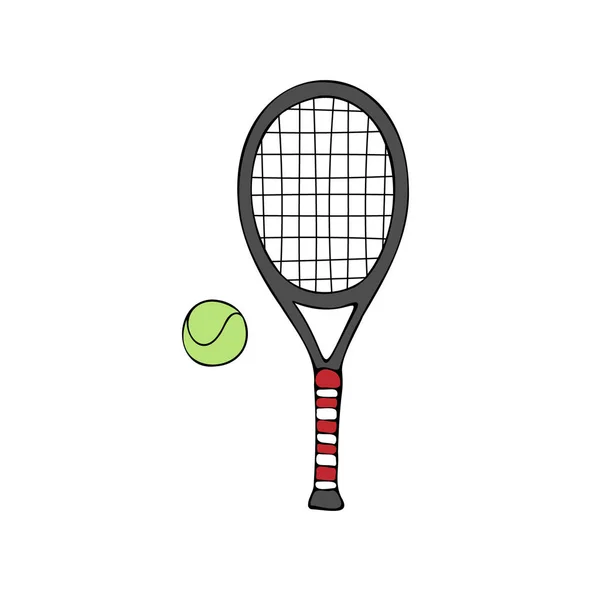 ベクトル手描きのドアスケッチ色のテニスラケットとボール白の背景に隔離 — ストックベクタ