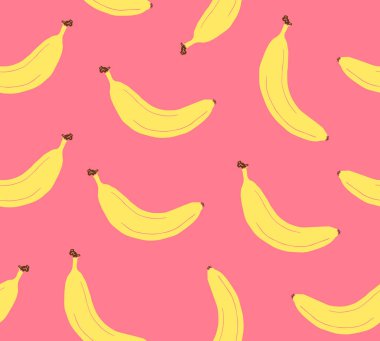 Sarı elin vektörsüz deseni pembe arka planda izole edilmiş muz silueti çizilmiş.