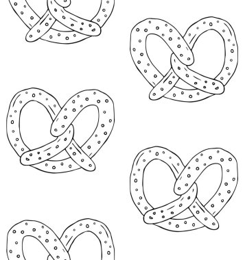 Siyah elin vektörsüz deseni çizilmiş karalama çizimi beyaz arkaplanda izole edilmiş simit simgeleri