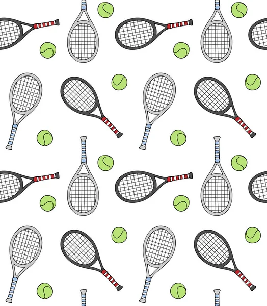 Vector Naadloos Patroon Van Gekleurde Handgetekende Doodle Schets Tennisrackets Bal — Stockvector