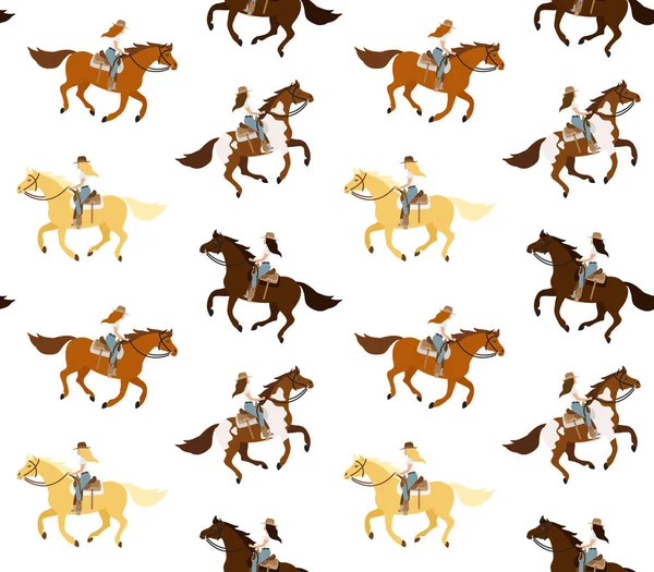 Beyaz arka planda izole edilmiş, koşan ata binen düz, batılı bir kovboy kızın kusursuz deseni.