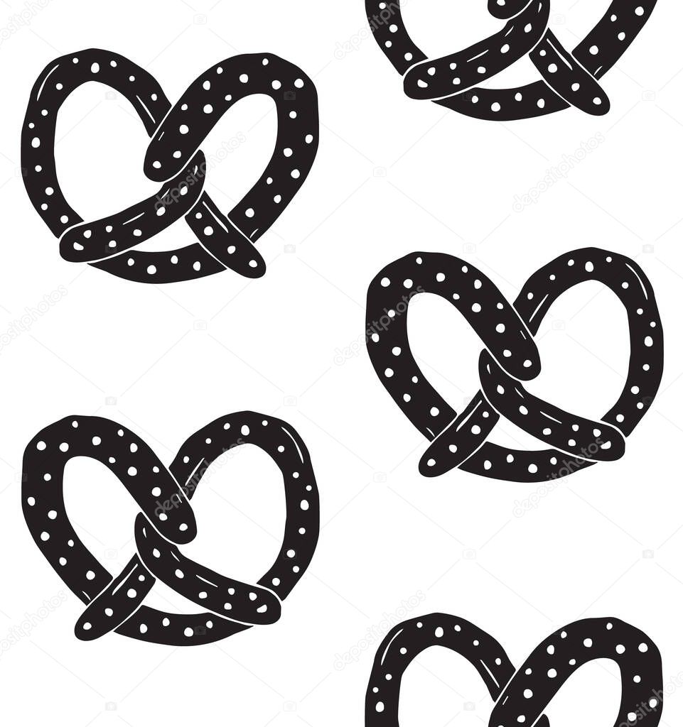Vector seamless pattern of black hand drawn doodle sketch pretzels isolated on white background