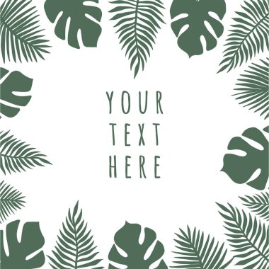 Vektör el çizimi çizim yeşil renkli palmiye yaprakları çerçeve afişi beyaz arkaplanda izole