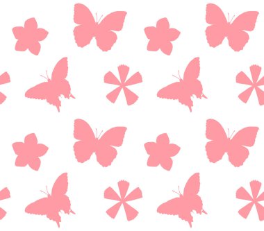 Beyaz arka planda izole edilmiş kelebeklerin ve çiçeklerin kusursuz desenleri. 