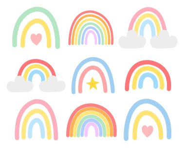 Beyaz arkaplanda izole edilmiş el çizimi pastel boho gökkuşakları.