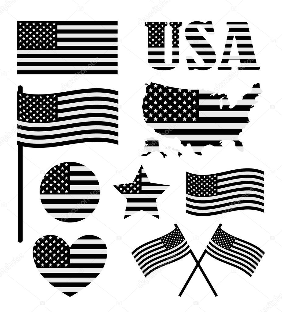 black and white American elements on white background, vector illustration
