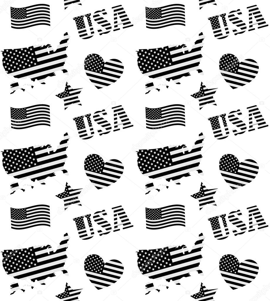 repeated pattern of black and white American elements on white background, vector illustration