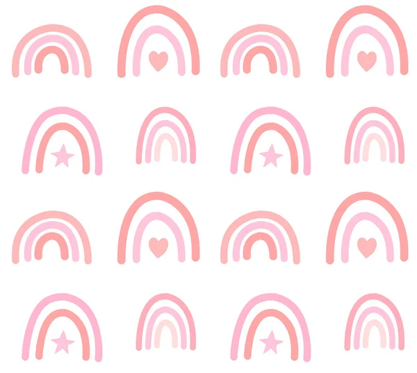 ピンクの手のベクトルシームレスなパターンは 白い背景に隔離された落書きスケッチBoho虹を描きました — ストックベクタ