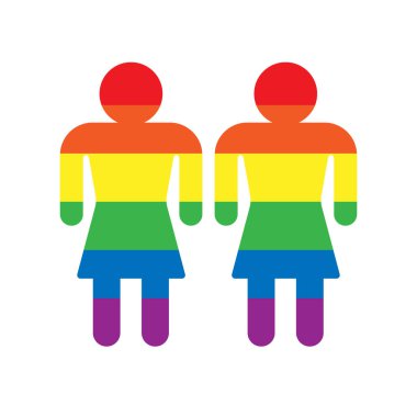 Beyaz arkaplanda izole edilmiş vektör LGBTQ gökkuşağı renkli düz kadın siluetleri işareti