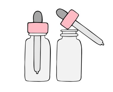 Renkli el çizimi, beyaz arka planda izole edilmiş yağ özü şişesi.