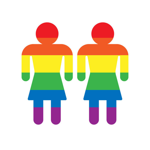 Vector LGBTQ rainbow colored flat female silhouettes sign isolated on white background