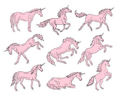 Beyaz arkaplanda izole edilmiş tek boynuzlu at çizimi.