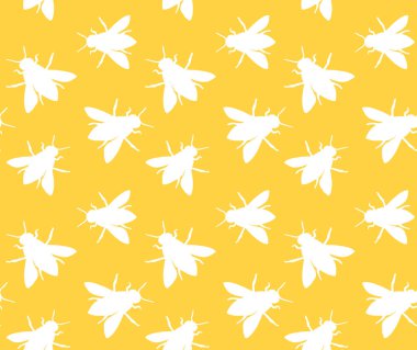 Sarı arka planda izole edilmiş beyaz el çizilmiş arı siluetinin vektörsüz deseni