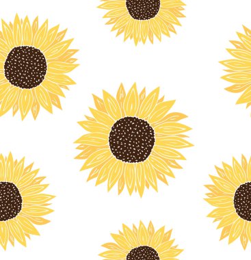 El çiziminin kusursuz deseni. Beyaz arkaplanda izole edilmiş renkli güneş çiçeği çizimi.