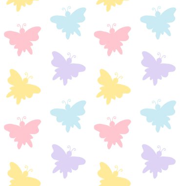 Beyaz arkaplanda izole edilmiş, el çiziminin pürüzsüz deseni karalama kelebeği siluetleri