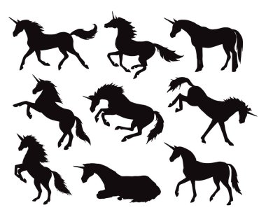 Beyaz arkaplanda izole edilmiş tek boynuzlu at silueti vektör kümesi