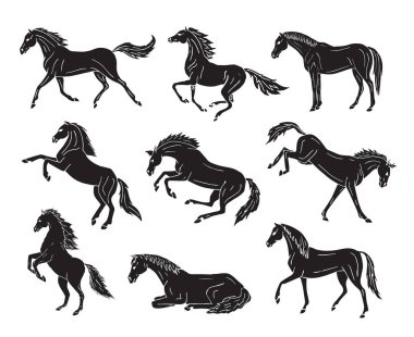 Beyaz arka planda izole edilmiş siyah el çizilmiş at siluetlerinin vektörsüz deseni