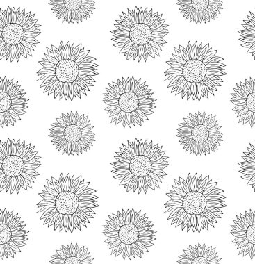 Renkli el çiziminin vektörsüz deseni. Mavi arkaplanda izole edilmiş güneş ayçiçekleri.