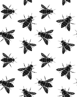 Beyaz arka planda izole edilmiş, el yapımı arı siluetinin vektörsüz deseni 