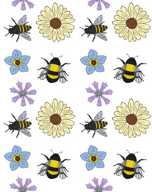 Renkli el çizimlerinin vektörsüz deseni. Karalama çiçekleri ve beyaz arka planda izole edilmiş yaban arısı böcekleri.