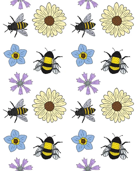 Renkli el çizimlerinin vektörsüz deseni. Karalama çiçekleri ve beyaz arka planda izole edilmiş yaban arısı böcekleri.