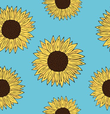 Mavi arkaplanda izole edilmiş ayçiçekleri çizen vektör el 