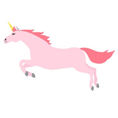 Beyaz arka planda pembe atlayan tek boynuzlu at çizilmiş vektör düz el.