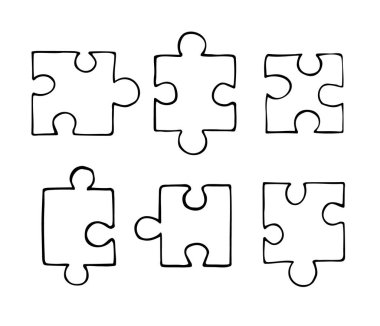 El çizimi karalama yapboz parçasının vektör kümesi beyaz arkaplanda izole edildi