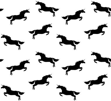 Beyaz arkaplanda izole edilmiş düz atlayan tek boynuzlu at siluetinin vektörsüz deseni