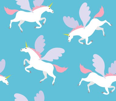 Düz çizgi film Pegasus tek boynuzlu atlarının vektörsüz deseni mavi arkaplanda izole edildi